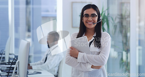 Image of Call center, business woman and portrait with tablet for web support help in a office. Happiness, company and telemarketing employee with a smile of Indian female person ready for phone consulting