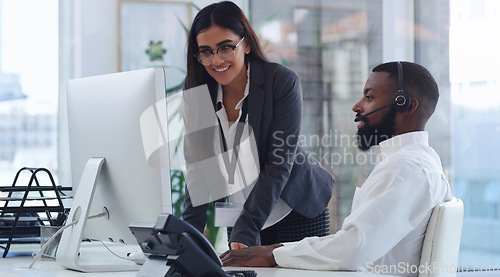 Image of Black man, call center and woman with mentor by computer, office or learning for tech support. African male crm, female coach or teaching for telemarketing, training or customer service at help desk