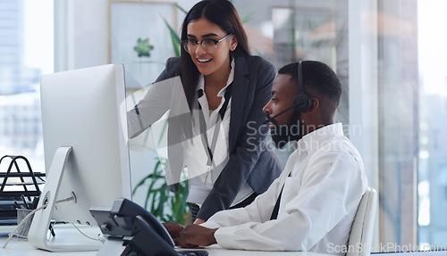 Image of Black man, call center and woman with coach by computer, office or learning for tech support. African male crm, female mentor or teaching for telemarketing, training or customer service at help desk