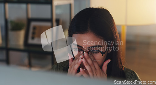 Image of Business, headache and woman with stress, night or burnout with depression, fatigue or overworked. Female person, employee or agent with a migraine, evening or tired with pain, frustrated and mistake