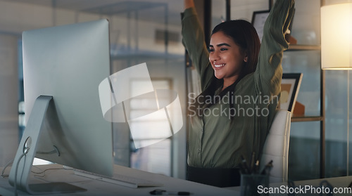 Image of Night, business and woman with achievement, celebration and cheering with internet connection, happiness and joyful. Female person, employee and agent with a smile, computer and success with an email