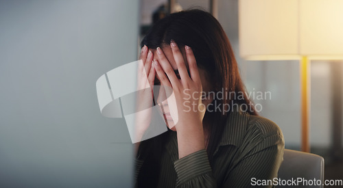 Image of Night, business and woman with stress, headache and burnout with new project, overworked and depression. Female person, tired employee and agent with a migraine, fatigue and mental health problems