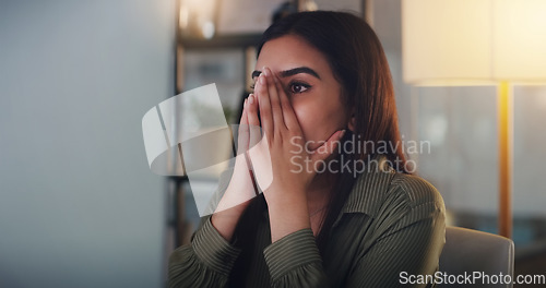 Image of Business woman, stress and computer at night in office with anxiety, headache or crisis. Female entrepreneur at a desk with techn while tired or depressed about deadline, mistake or internet problem