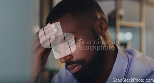 Image of Night, business and black man with stress, anxiety and depression with fatigue, tired and burnout. Male person, employee and agent with exhaustion, frustrated and professional overworked and headache