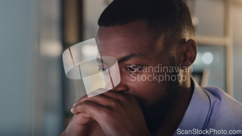 Image of Night, business and black man with stress, burnout and depression with mental health issue, tired and overworked. Male person, employee or agent with fatigue, exhaustion and professional with anxiety