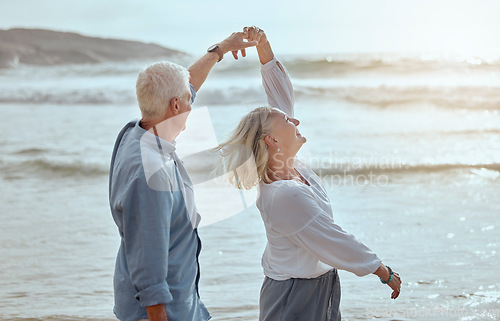 Image of Sea, dancing and senior couple on vacation with summer love, bonding and travel dun. Dance, outdoor and elderly people with freedom by the ocean and beach by waves on holiday in Greece together