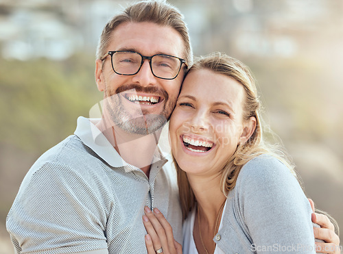 Image of Happy, love and portrait of couple at beach for smile, travel and summer vacation. Happiness, holiday and romance with man and woman hugging on seaside date for bonding, affectionate and care