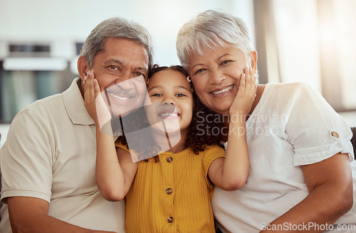 Image of Girl child, grandparents and portrait on sofa with smile, happiness or bond with love in family home. Elderly man, senior woman and young female kid with hand, face or care on lounge couch on holiday