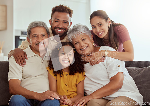 Image of Happy, generations and portrait of big family on sofa for relax, smile and bonging. Happiness, love and grandparents with parents and child in living room at home for free time, weekend and hug