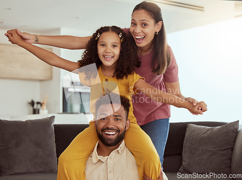 Image of Mom, daughter and dad in home with plane game, portrait and smile together with bonding, love and happiness. Parents, happy kid and airplane games in family house with care, playing and living room