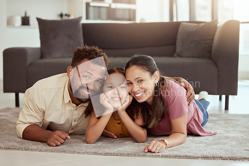 Image of Family home, happy portrait and kid with mom, dad and young girl together with fun. Living room, mother and father with a child by sofa with love, bonding and parent support with a smile in lounge