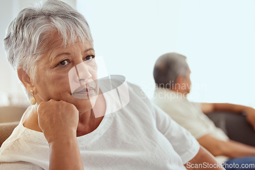 Image of Sad senior woman, fight and home sofa with retirement, marriage problem and frustrated person. Angry, fighting and argument of elderly people on lounge couch with divorce and thinking with stress