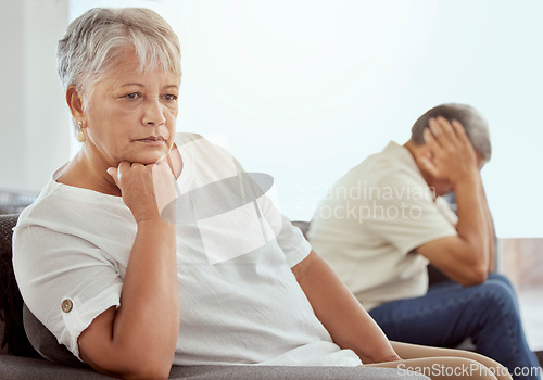 Image of Senior woman, fight and home sofa with retirement, marriage problem and frustrated person. Angry, fighting and argument of elderly people on lounge couch with divorce crisis and thinking with stress