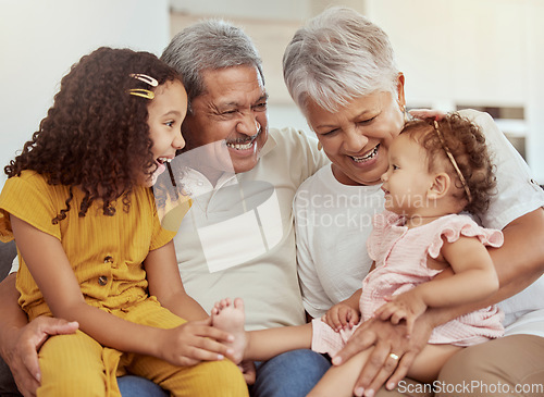 Image of Home, grandparents and family with children and happiness on a living room couch. Fun, baby smile and bonding with childcare, love and kids together with a young girl and newborn on a house sofa