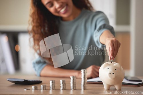 Image of Piggy bank, smile and woman with money, saving or home with investment, calculator or financial planning. Female person, happy or girl with counting coins, future or happiness with a budget or profit