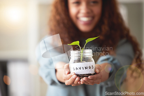 Image of Woman with savings jar, growth and soil with plant, investment and charity with rich financial future. Mockup space, development and female person invest with ecology, finance goals and opportunity