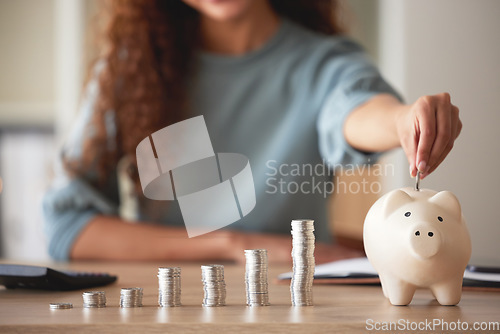 Image of Woman, hand and money savings in piggy bank, finance and budget, future financial planning with investment and coins on table. Female person saving, economy with growth and coin currency in container