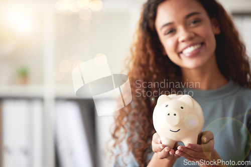 Image of Piggy bank, savings and closeup of a woman with cash for future investment, budget or wealth. Investing, accounting and female person with coins in a money box for profit growth or financial freedom.