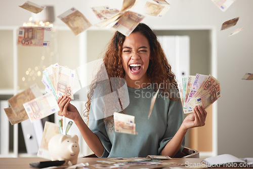 Image of Happy woman laughing with cash flying, savings and finance with success and celebrate financial goals. Budget, winning and wealth with money, investment and female person winner with salary bonus