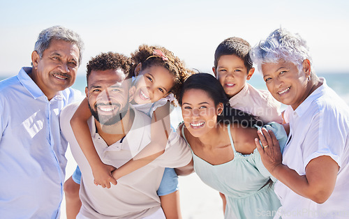 Image of Family in portrait, grandparents and parents with kids on beach, travel and piggyback with love and vacation. Happy people outdoor, generations and trust with tourism in Mexico and bonding together