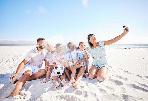 Image of Family relax on beach sand, selfie and generations, tropical vacation in Mexico with travel and trust outdoor. Grandparents, parents and kids, happy people on adventure and tourism, smile in picture