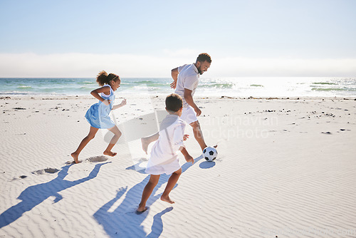 Image of Soccer ball, fun and family at the beach with freedom, happy and bonding in nature. Running, sports and children with father at the ocean for travel, vacation and football while traveling in Mexico