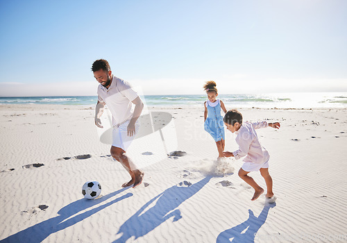 Image of Soccer ball, family and running at the beach with freedom, happy and playing in nature. Kick, games and children with father at the ocean for travel, vacation and football while traveling in Miami