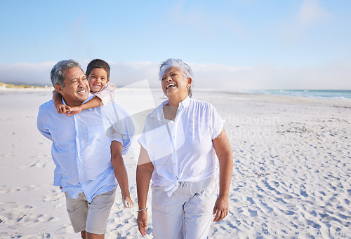 Image of Family, grandparents laughing and child on beach, travel and piggyback, love and vacation with mockup space. Senior people with boy, funny conversation with tourism in Mexico and bonding together