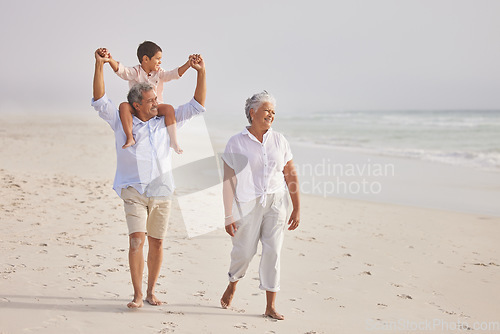 Image of Family, grandparents walking with child on beach and travel, love and vacation with mockup space and sea view. Senior people with boy, trust and support with tourism in Mexico and bonding together