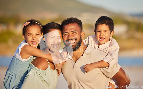 Image of Family, parents piggyback children on beach, travel and smile in portrait with love and vacation with mockup space. Man, woman with kids and tourism in Mexico with happiness bonding together outdoor