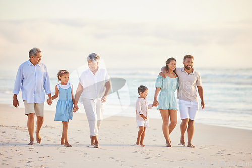 Image of Family, holding hands and walk on beach, generations and people travel together, grandparents and parents with kids. Love, care and men with women and children outdoor, tourism and vacation in Mexico