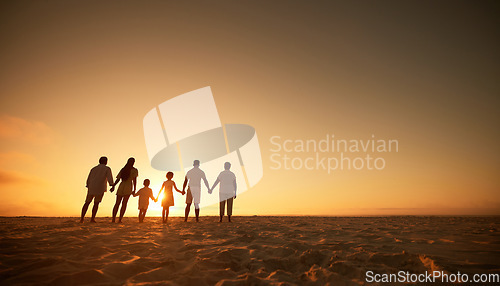 Image of Family, holding hands beach at sunset and generations, grandparents travel with parents and kids with orange sky. Back, unity and men, women and children, silhouette and vacation with mockup space