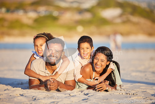 Image of Family, parents and children lying on beach sand, travel and smile in portrait, love and vacation with mockup space. Man, woman and kids with tourism in Mexico and bonding together outdoor with care