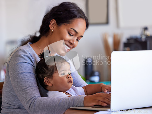 Image of Laptop, baby and work from home mom typing, child care and planning business, job and family support or parent multitask. Computer of happy woman, busy mother or freelance person for career and child