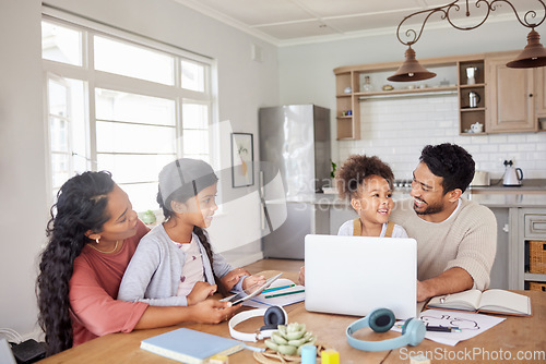 Image of Online school, laptop and parents with their children in the dining room of their family house. Technology, distance learning and kid students working on homework with their mother and father at home