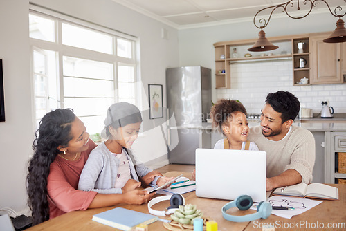 Image of Elearning, laptop and parents with their kids in the dining room of their family house. Technology, home school and children students working on online homework with their mother and father at home.