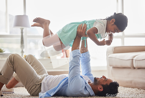 Image of Airplane, game and father with girl on a floor with love, fun and playing in their home together. Happy, flying and child with parent in living room for bonding, relax and enjoying weekend in lounge