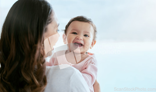 Image of Baby laughing, portrait and mom in a home with newborn, care and parent love together with mockup. Face, family and young girl child with mother back in a house with mama and childcare in lounge