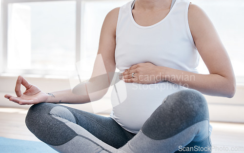 Image of Woman, pregnancy yoga and lotus on floor for health, exercise and wellness for body, mind and peace. Girl, pregnant and pilates with zen meditation, mindfulness and relax in gym, studio or house