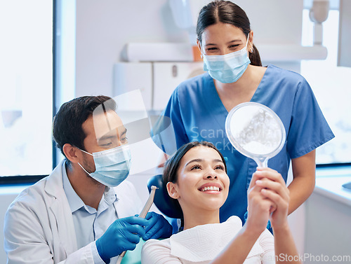 Image of Dentist, mirror and woman check teeth after whitening, braces and dental consultation. Healthcare, dentistry and happy female patient smile with orthodontist for oral hygiene, wellness and cleaning