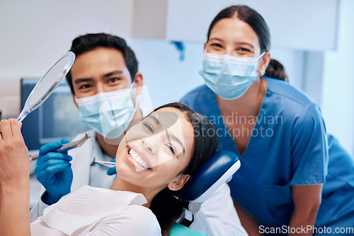 Image of Smile, mirror and portrait of woman with dentist after teeth whitening, service and dental care. Healthcare, dentistry and female patient with orthodontist for oral hygiene, wellness and cleaning