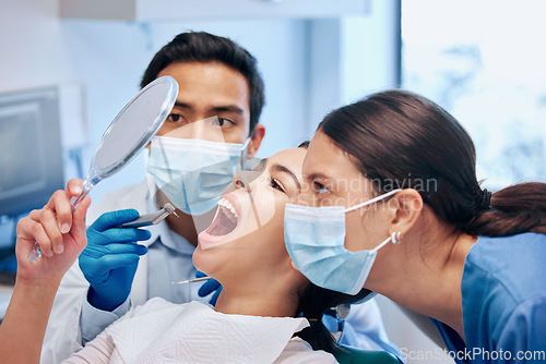 Image of Dentist, mirror and woman check mouth after teeth whitening, service and dental care. Healthcare, dentistry and female patient with orthodontist for oral hygiene, wellness or cleaning in consultation