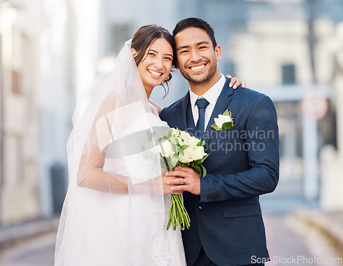 Image of Portrait, bride and groom at wedding in city outdoors happy to start a happy marriage journey together. Smile, save the date and married couple holding a bouquet of flowers at a love celebration