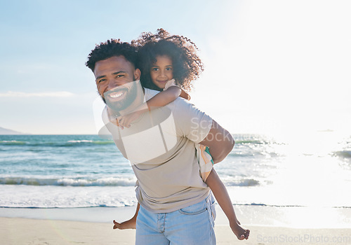 Image of Father, girl child and piggyback on beach with travel, smile in portrait with love and people on vacation in Mexico. Happy family, kid hug man with care outdoor, ocean and tourism with mockup space