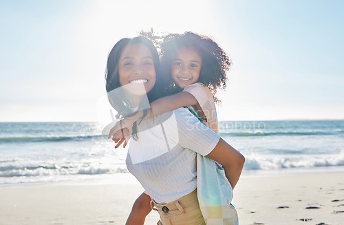 Image of Mother, girl child and piggyback on beach with travel, smile in portrait with love and people on vacation in Mexico. Happy family, kid hug woman with care outdoor, ocean and tourism with mockup space
