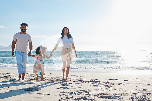Image of Family, holding hands with parents and child on beach, travel and people walking together on sand and mockup space. Love, care and man with woman and girl outdoor, tourism and vacation in Mexico