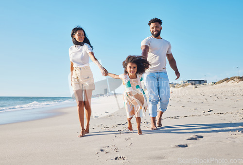 Image of Happy family, beach and parents walking with a child excited for the sea, ocean and vacation together in happiness. Travel, mother and father playing piggyback with a kid on a holiday in summer