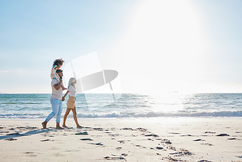 Image of Walking, beach and family on holiday, summer and stress relief with happiness, relax and weekend break. Parents, mother and father with female kid, tropical island and seaside vacation for travelling