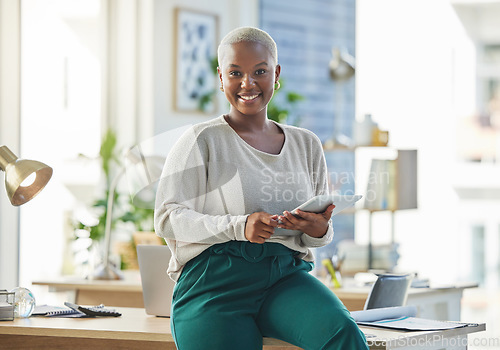 Image of Research, business or portrait of black woman with tablet networking or searching for content at desk. Digital startup or happy African employee typing online in office with positive mindset or smile