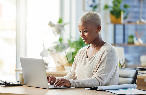 Image of Laptop, business and black woman typing, accountant and working on web project in office workplace. Auditor, computer and African female professional bookkeeper writing email, report or research.